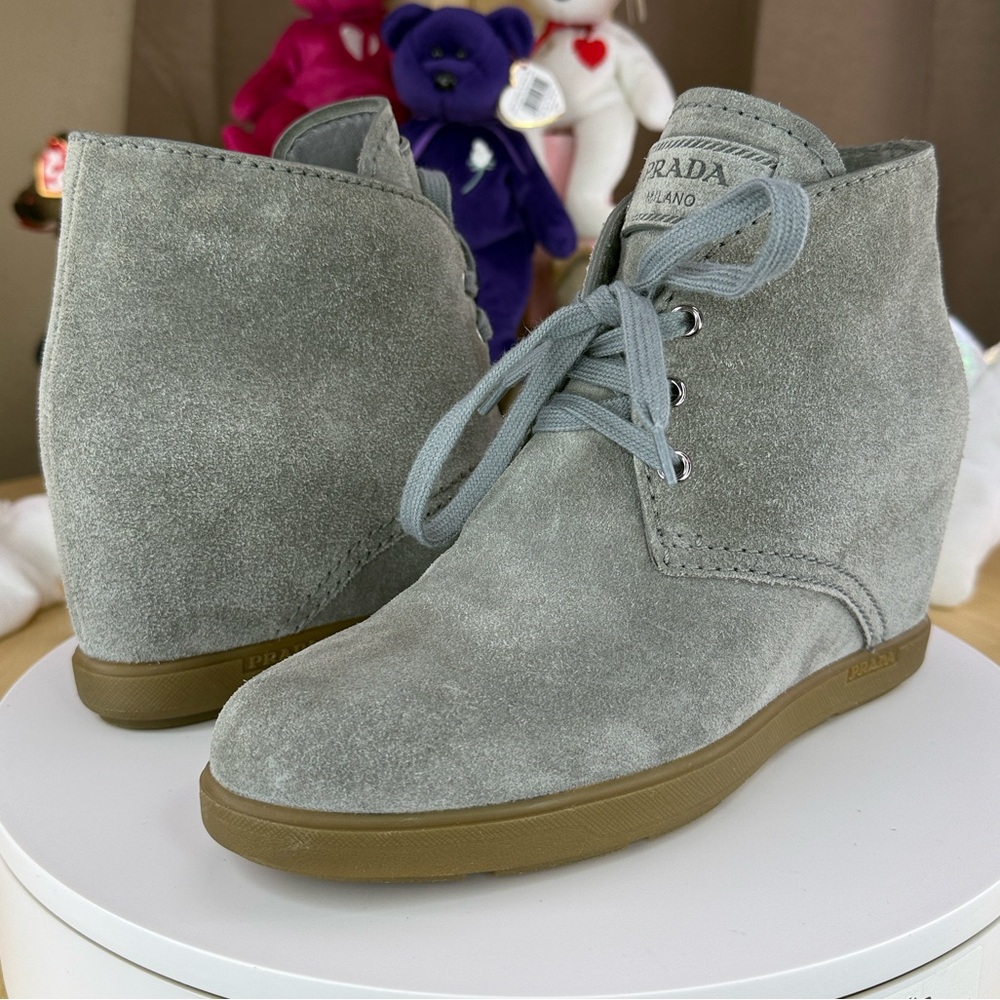 Prada - Grey Suede Lace-Up Desert Wedge Booties -… - image 1